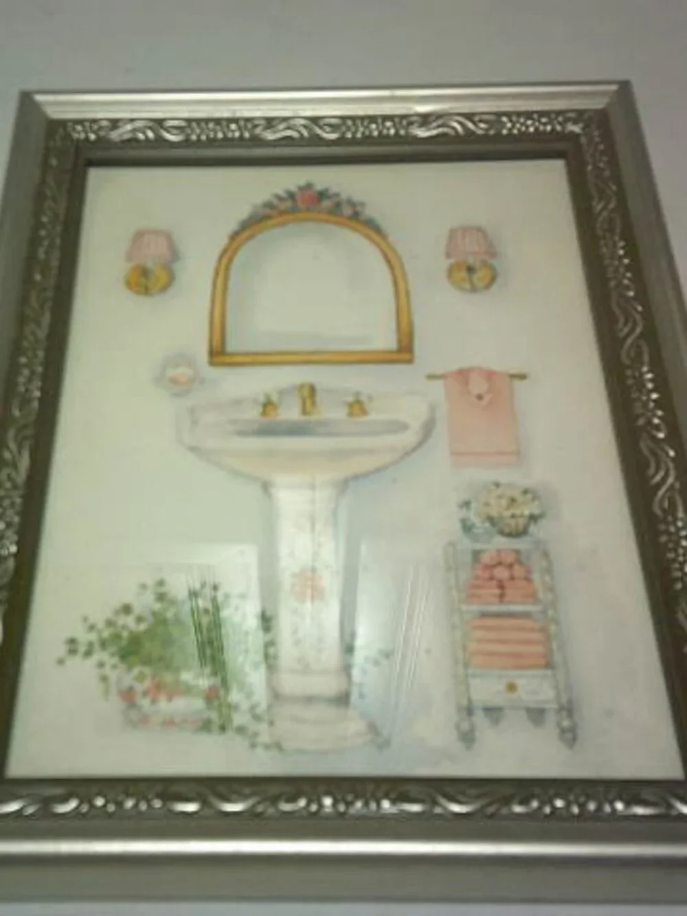 VINTAGE PEGGY ABRAMS SILVER FRAMED HANGING BATHROOM PICTURE PEDESTAL SINK RARE